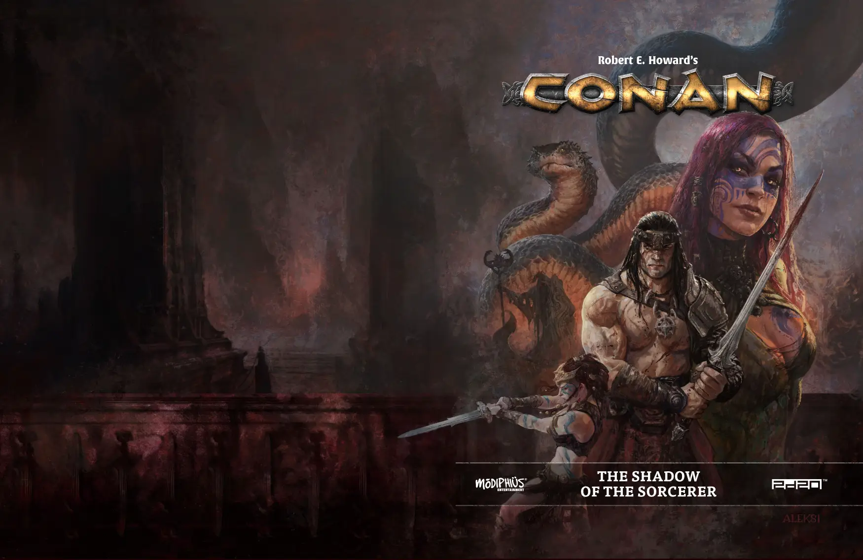 Un artwork d'une ruine sombre devant laquelle sont superposés Conan, une guerrière, une intrigante et un serpent gigantesque