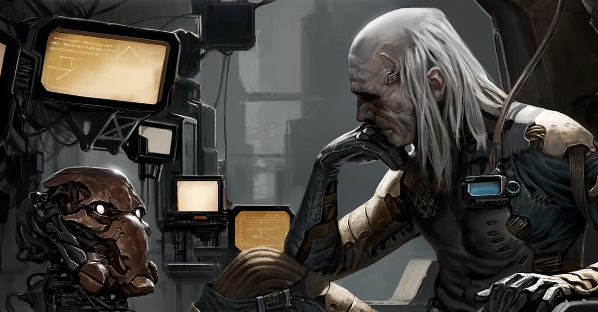 Un Chroniqueur dégarni fixe du regard la tête d'un robot AMSUMO